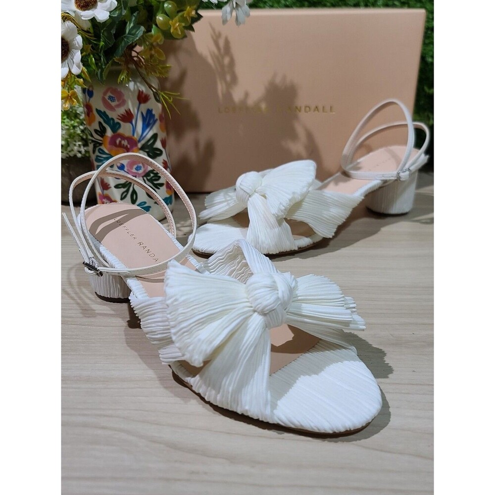 Loeffler Randall Dahlia Pearl Pleated Bow Heels / White US Women's 8.5 B NEW